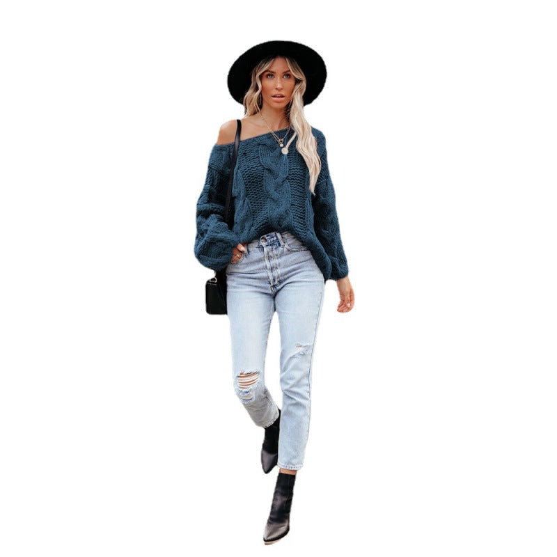 Women's loose knitted sweaters European and American round neck fashionable pullover sweaters Denim Blue clothes sweater sweaters top Tops