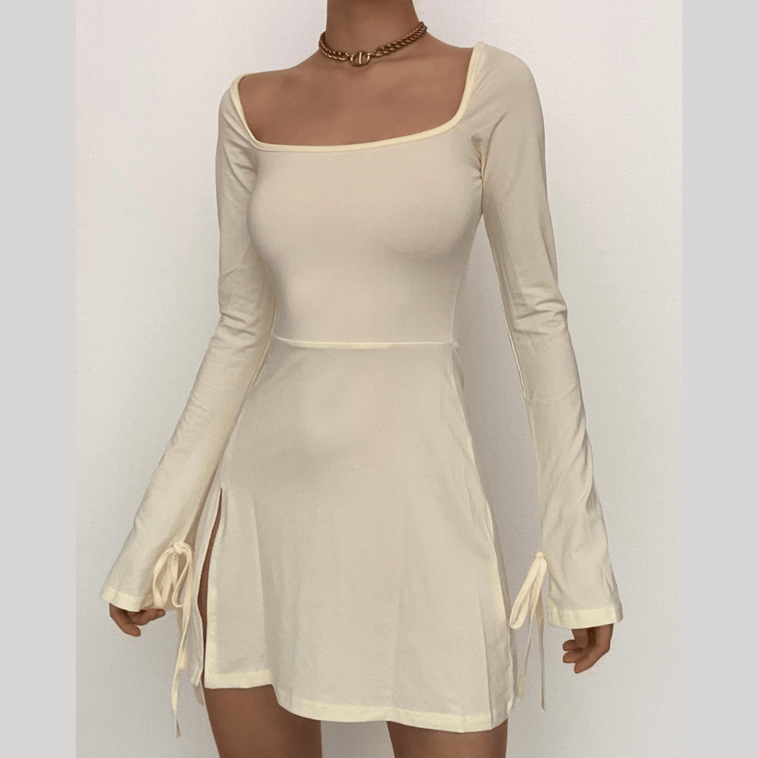 BerryBetty - Long sleeve solid slit square neck self tie mini dress