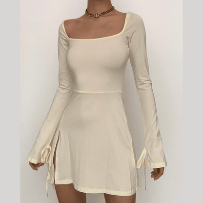 BerryBetty - Long sleeve solid slit square neck self tie mini dress