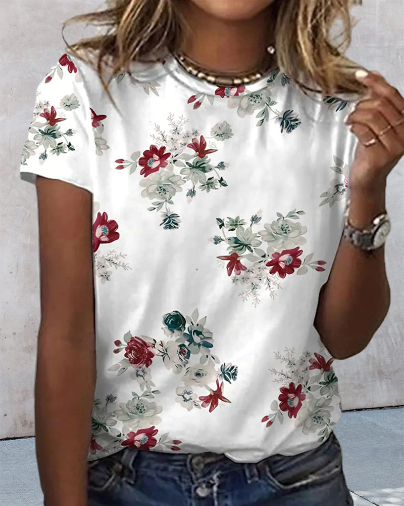 BerryBetty - Round neck floral print short sleeve t-shirt