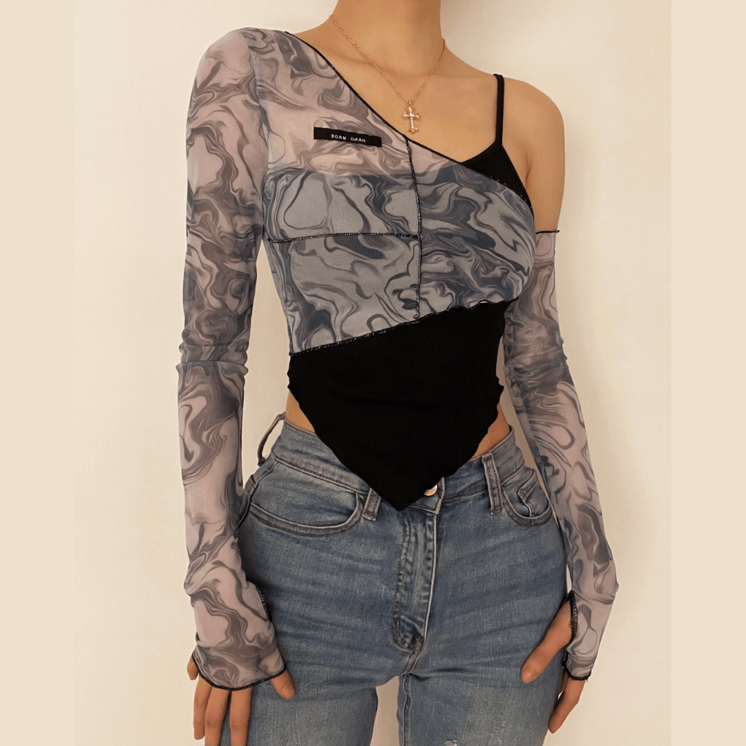 Long sleeve mesh irregular ruffled crop top - Halibuy