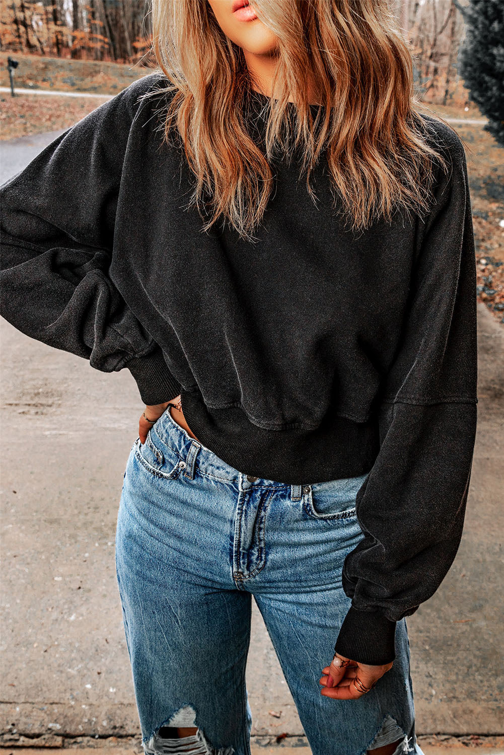 BerryBetty - Black Acid Wash V-shape Open Back Sweatshirt