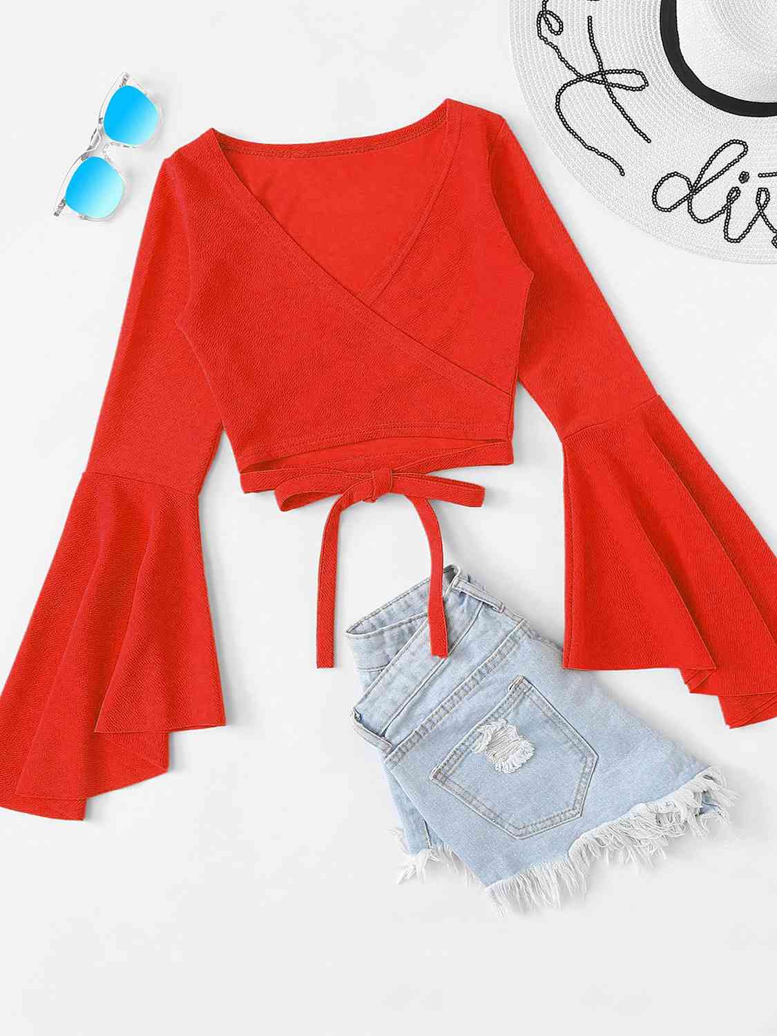 Tied Flare Sleeve Crop Top Red Orange clothes crop top crop tops croptop long sleeve long sleeve shirt long sleeve shirts long sleeve top Ship From Overseas Shipping Delay 09/29/2023 - 10/03/2023 shirt shirts top tops Z@Q