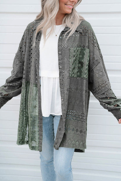 BerryBetty - Duffel Green Eyelet Pattern Patchwork Oversized Button Up Shacket