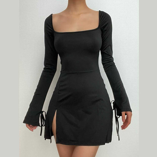 BerryBetty - Long sleeve solid slit square neck self tie mini dress