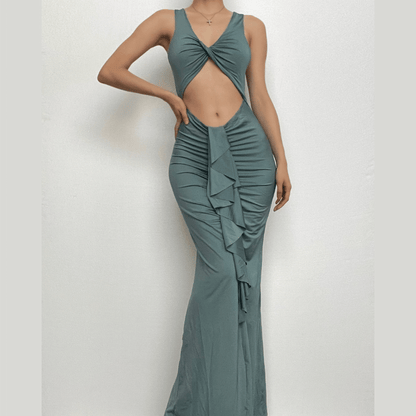 BerryBetty - Ruched sleeveless solid hollow out ruffle maxi dress - Final Sale