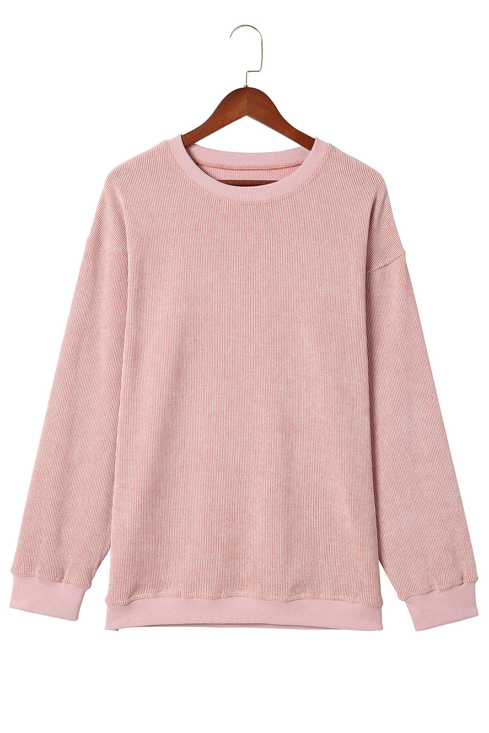 BerryBetty - Pink Solid Ribbed Knit Round Neck Pullover Sweatshirt