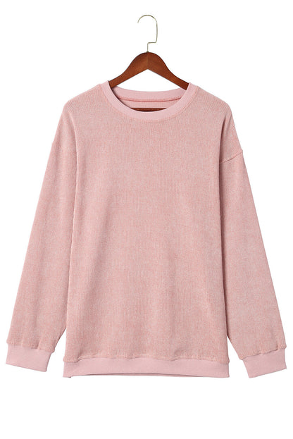 BerryBetty - Pink Solid Ribbed Knit Round Neck Pullover Sweatshirt