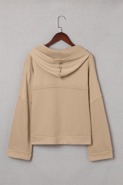 BerryBetty - Khaki Casual Button Solid Patchwork Trim Hoodie