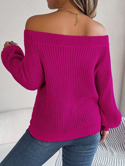 BerryBetty - Openwork Off-Shoulder Long Sleeve Sweater