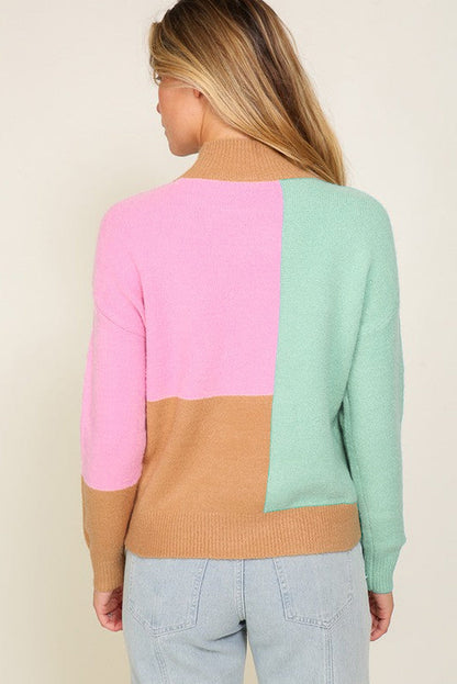 BerryBetty - Multicolour Colorblock Mock Neck Ribbed Trim Sweater