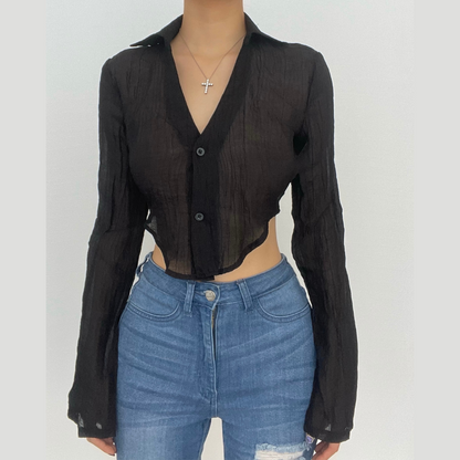 BerryBetty - Long sleeve solid turnover collar v neck button backless self tie crop top