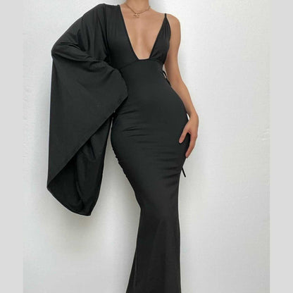 BerryBetty - Irregular backless one shoulder flared sleeve solid maxi dress