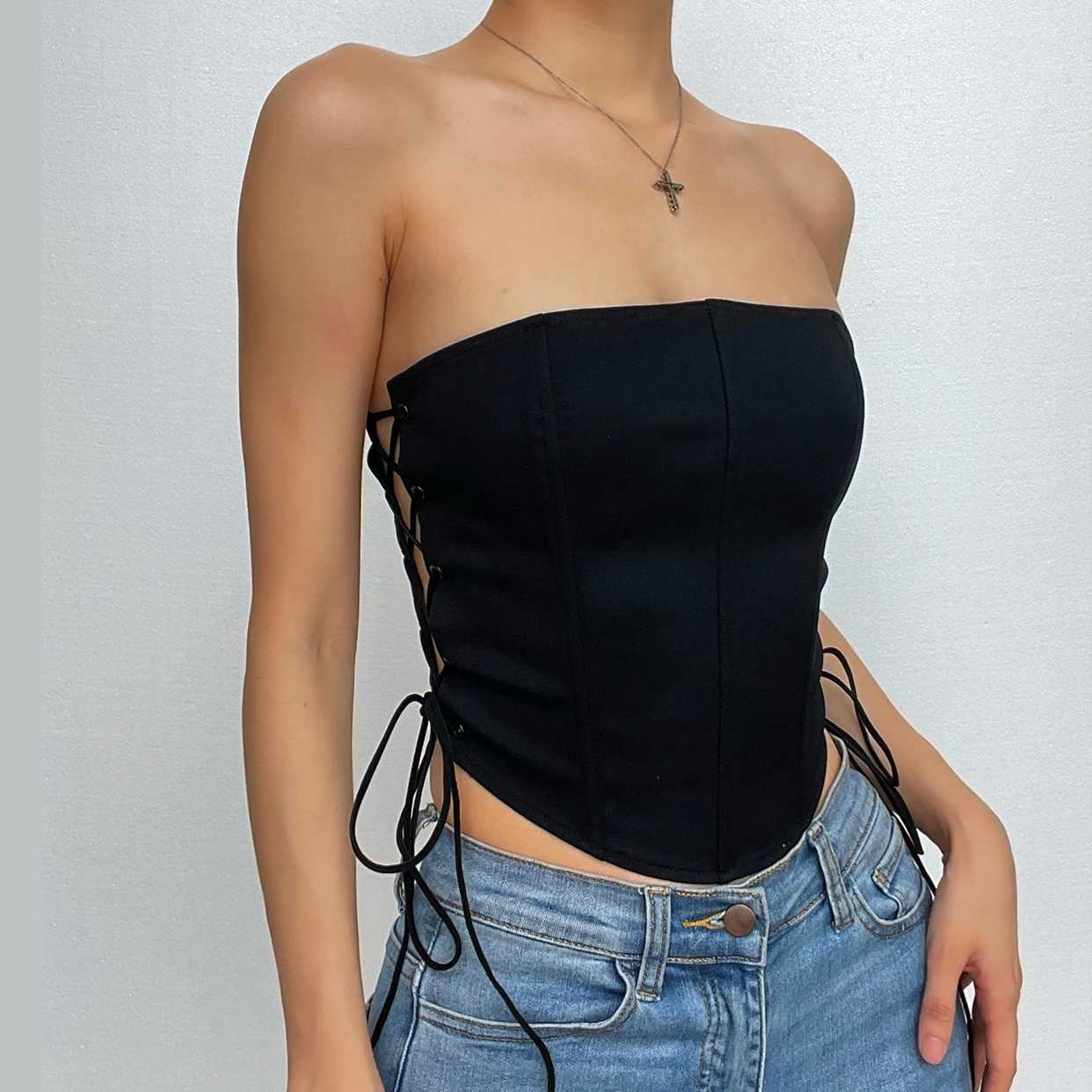 BerryBetty - Lace up side solid bustier crop top