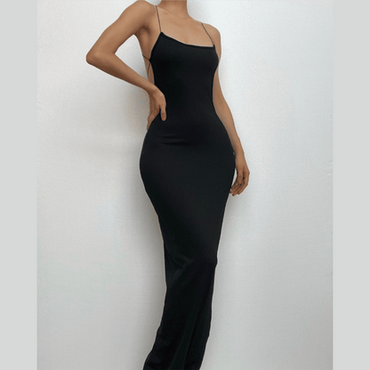 BerryBetty - Cross back lace up square neck backless self tie slit maxi dress