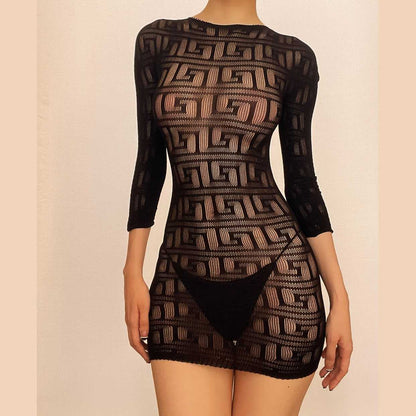 BerryBetty - Fishnet see through long sleeve hollow out mini dress