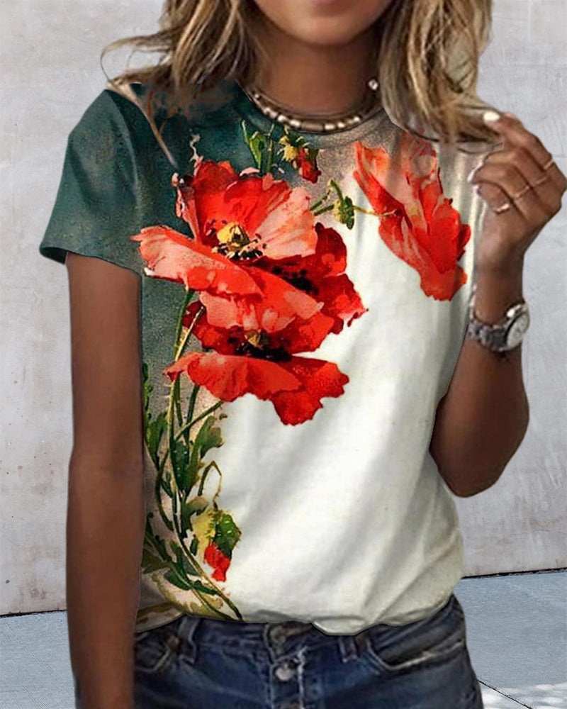 BerryBetty - Round neck floral print short sleeve t-shirt