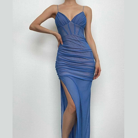 BerryBetty - Mesh v neck ruched slit zip-up spaghetti strap maxi dress