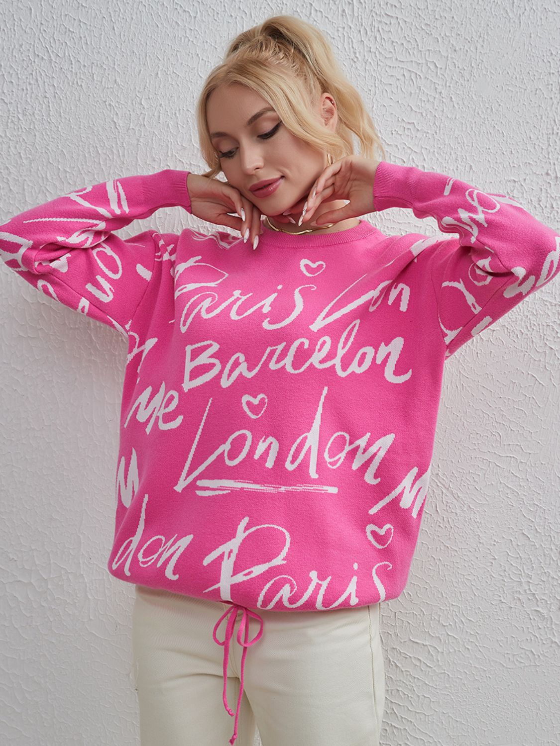 Letter Round Neck Drawstring Sweater Hot Pink One Size clothes H.Y@Maozhi long sleeve Ship From Overseas Shipping Delay 10/01/2023 - 10/03/2023 shirt sweater sweaters top