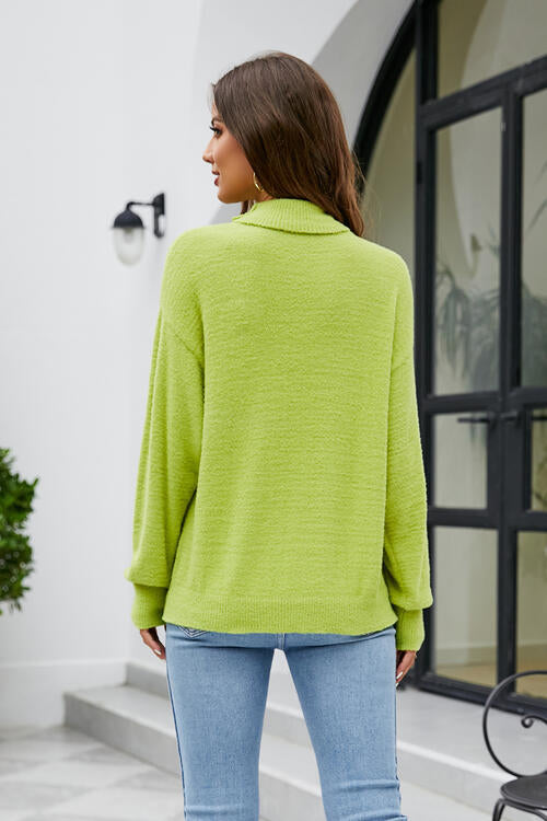 BerryBetty - Mock Neck Dropped Shoulder Long Sleeve Sweater