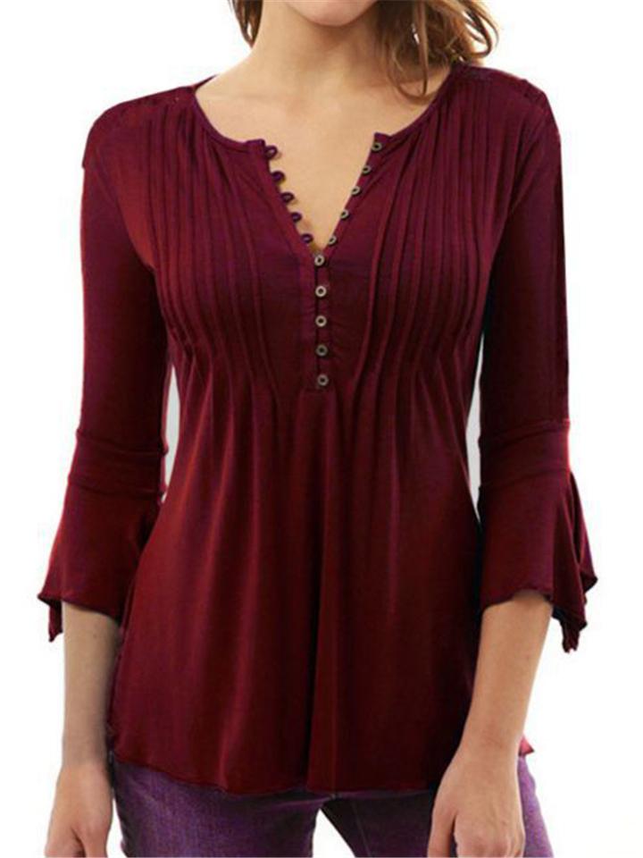 BerryBetty - Pleated V-neck Flared Sleeve Plain Color Blouse For Women