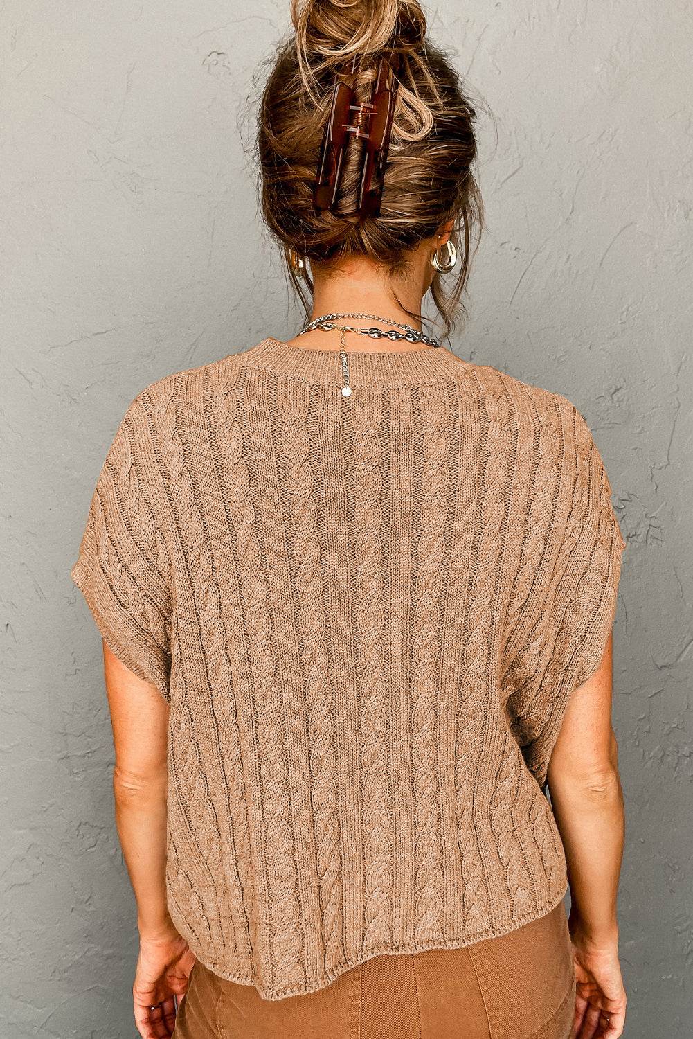 BerryBetty - Light French Beige Crew Neck Cable Knit Short Sleeve Sweater