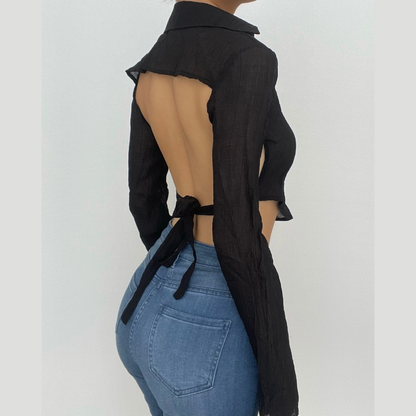 BerryBetty - Long sleeve solid turnover collar v neck button backless self tie crop top