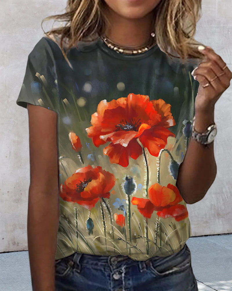 BerryBetty - Round neck floral print short sleeve t-shirt