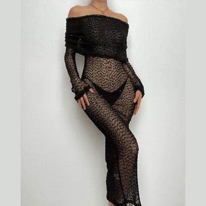 BerryBetty - Textured glitter off shoulder long sleeve see through maxi dress