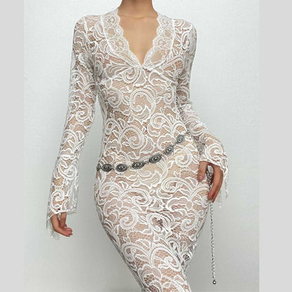 BerryBetty - Lace see through long sleeve v neck solid maxi dress