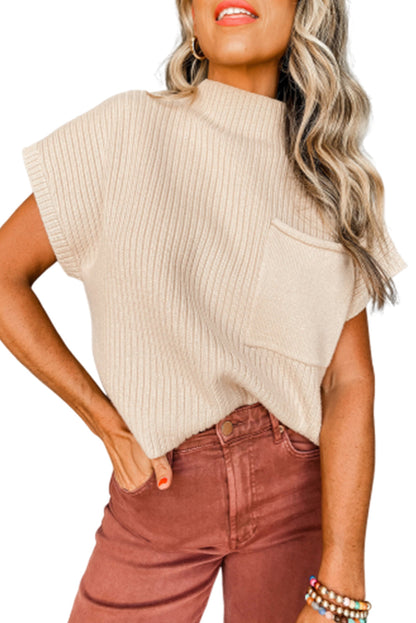 BerryBetty - Oatmeal Patch Pocket Ribbed Knit Short Sleeve Sweater