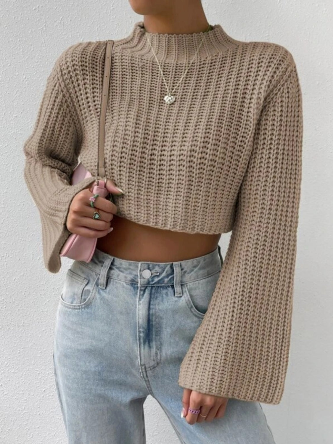 Mock Neck Long Sleeve Cropped Sweater Camel C.J@MZ clothes crop top crop tops cropped cropped sweater cropped top croptop long sleeves Ship From Overseas shirt shirts sweater sweaters top tops turtleneck sweater