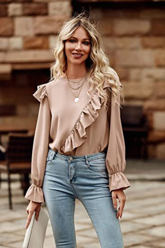 Ruffled Round Neck Long Sleeve Top Tan A@X@E blouses clothes long sleeve shirt Ship From Overseas Shipping Delay 09/29/2023 - 10/04/2023 shirts tops