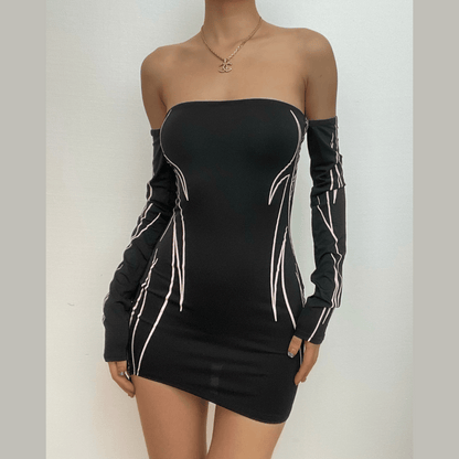 BerryBetty - Contrast off shoulder long sleeve backless mini dress