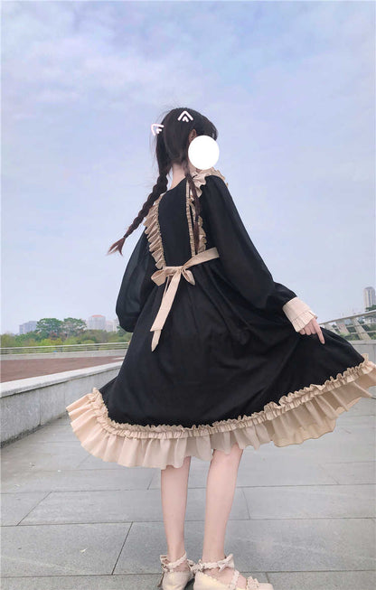 BerryBetty - Japanese Harajuku Gothic Bandage Bow Splice Dress Sweet Lolita Girl Cosplay Dress Kawaii Ruffles Bow Women Party Dress