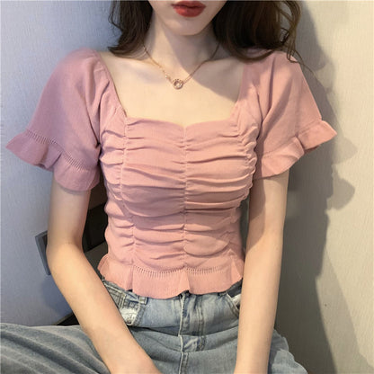 BerryBetty - Knitted Fashion Blouse Woman Ruffle Youth Elegant Blouse Summer Crop top Sexy Slim fit Shirt Short sleeve
