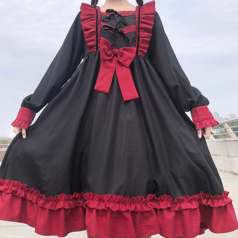 BerryBetty - Japanese Harajuku Gothic Bandage Bow Splice Dress Sweet Lolita Girl Cosplay Dress Kawaii Ruffles Bow Women Party Dress