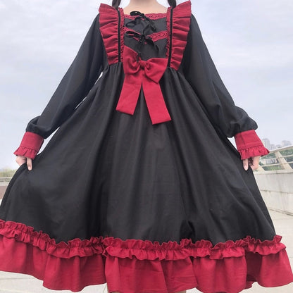 BerryBetty - Japanese Harajuku Gothic Bandage Bow Splice Dress Sweet Lolita Girl Cosplay Dress Kawaii Ruffles Bow Women Party Dress