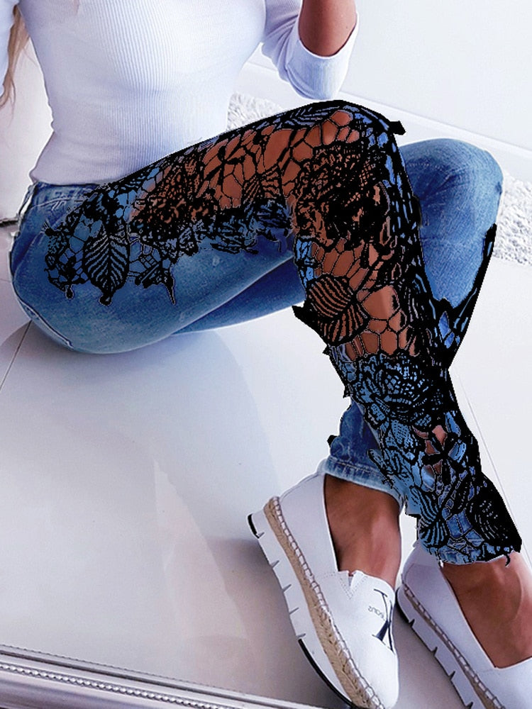 BerryBetty - Plus Size 3XL Lace Floral Crochet Hollow-Out Jeans Autumn Women Elegant Sexy Denim Pencil