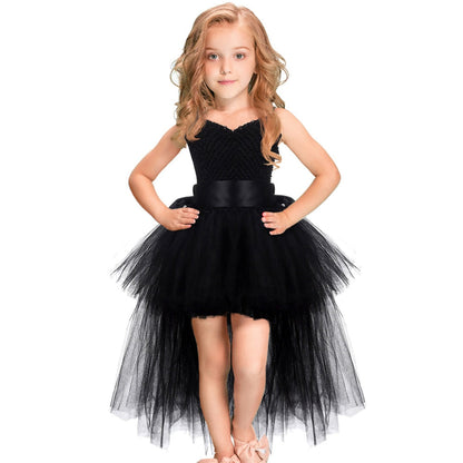 BerryBetty - Black Girls Tutu Dress Tulle V-neck Train Girl Evening Birthday Party Dresses Kids Girl Ball Gown Dress Halloween Costume 1-14YY