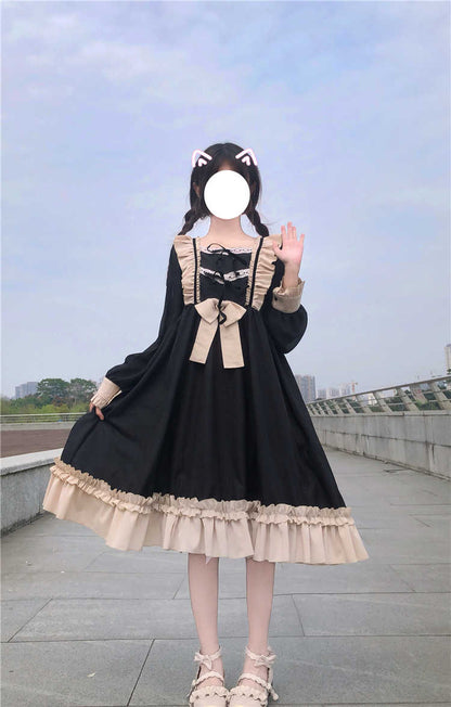 BerryBetty - Japanese Harajuku Gothic Bandage Bow Splice Dress Sweet Lolita Girl Cosplay Dress Kawaii Ruffles Bow Women Party Dress