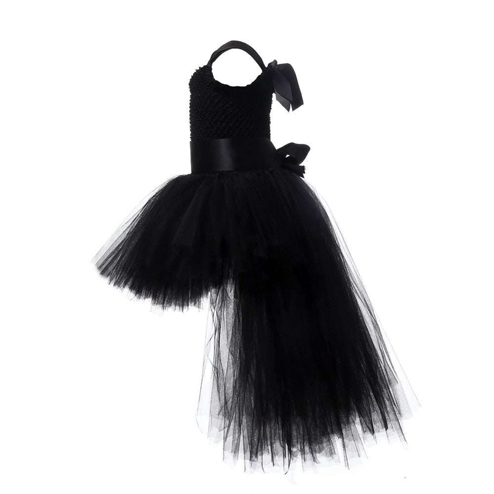 BerryBetty - Black Girls Tutu Dress Tulle V-neck Train Girl Evening Birthday Party Dresses Kids Girl Ball Gown Dress Halloween Costume 1-14YY