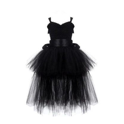 BerryBetty - Black Girls Tutu Dress Tulle V-neck Train Girl Evening Birthday Party Dresses Kids Girl Ball Gown Dress Halloween Costume 1-14YY