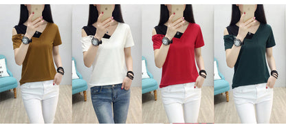 BerryBetty - Fake Two Piece Tops Women T-Shirt Off Shoulder Tshirt Short Sleeve V-Neck Korea Fashion Summer Cotton Tee Shirt Femme