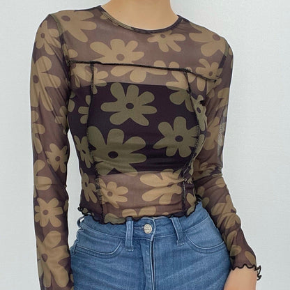 BerryBetty - Sheer mesh see through print stitch ruffle crop top