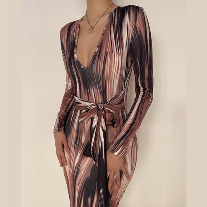 BerryBetty - Long sleeve deep v neck knotted print maxi dress