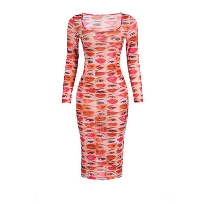 BerryBetty - Long sleeve abstract u neck sheer mesh contrast midi dress