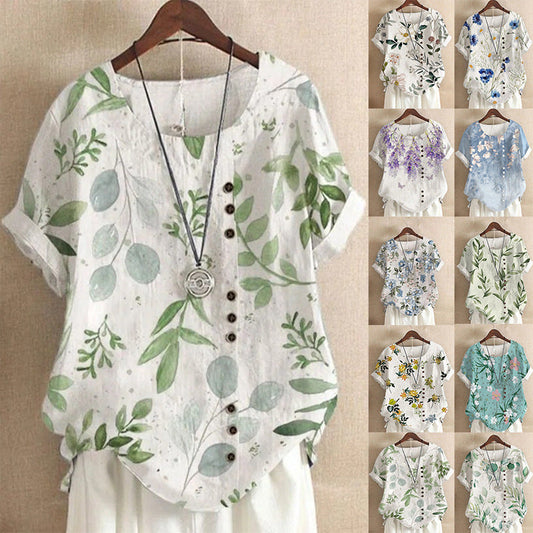 BerryBetty - Summer Retro Fashion Printed Loose Casual Shirt Short-sleeved Blouses