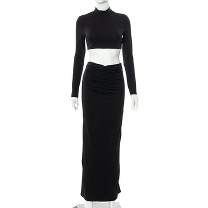 High neck long sleeve ruched solid maxi skirt set - Halibuy