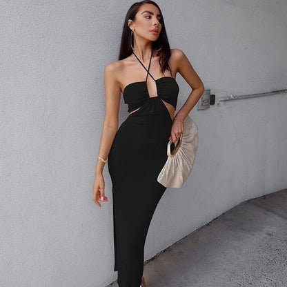 BerryBetty - Sexy Hollow Out Corset Maxi Dress Party Dress Women Halter Cut Out  Wrap Split Long Dresses Summer Backless Clubwear Midi Robe